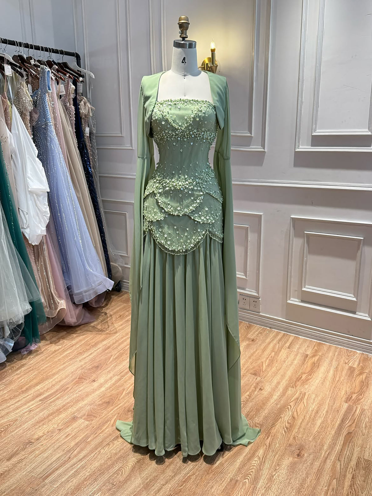 Luxury Pink Beaded A Line Dress with Chiffon Cape Sleeves LA72978B