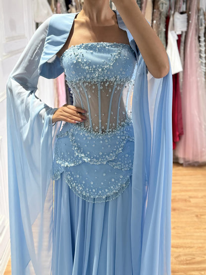 Luxury Pink Beaded A Line Dress with Chiffon Cape Sleeves LA72978B