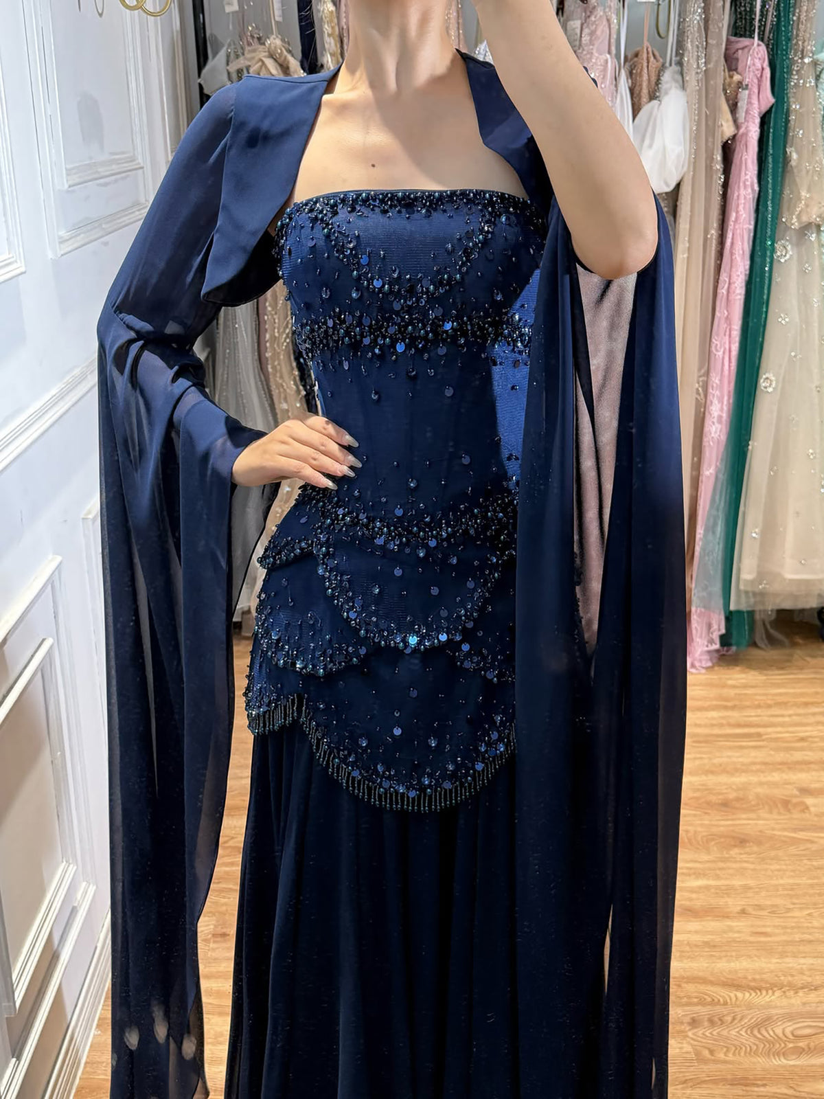 Luxury Pink Beaded A Line Dress with Chiffon Cape Sleeves LA72978B