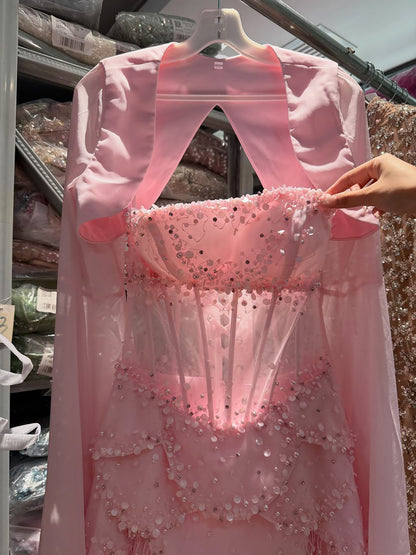 Luxury Pink Beaded A Line Dress with Chiffon Cape Sleeves LA72978B