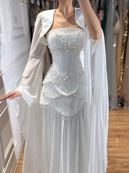 Luxury Pink Beaded A Line Dress with Chiffon Cape Sleeves LA72978B