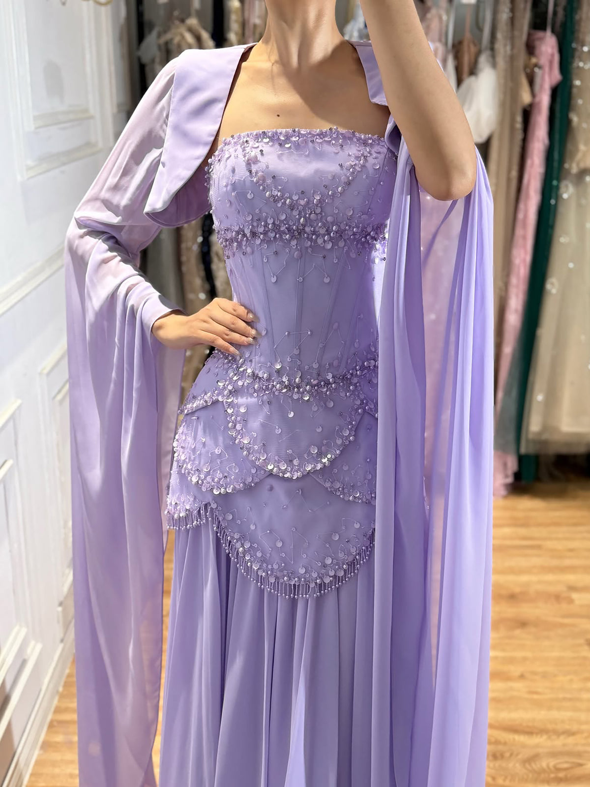 Luxury Pink Beaded A Line Dress with Chiffon Cape Sleeves LA72978B