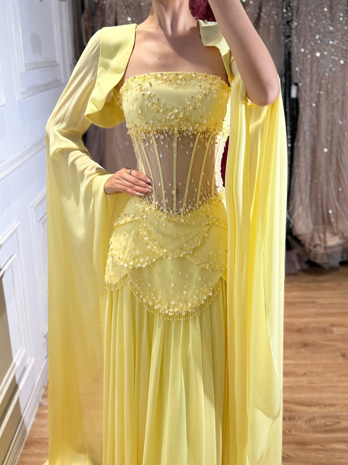 Luxury Pink Beaded A Line Dress with Chiffon Cape Sleeves LA72978B