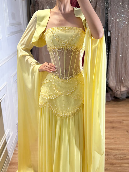 Luxury Pink Beaded A Line Dress with Chiffon Cape Sleeves LA72978B