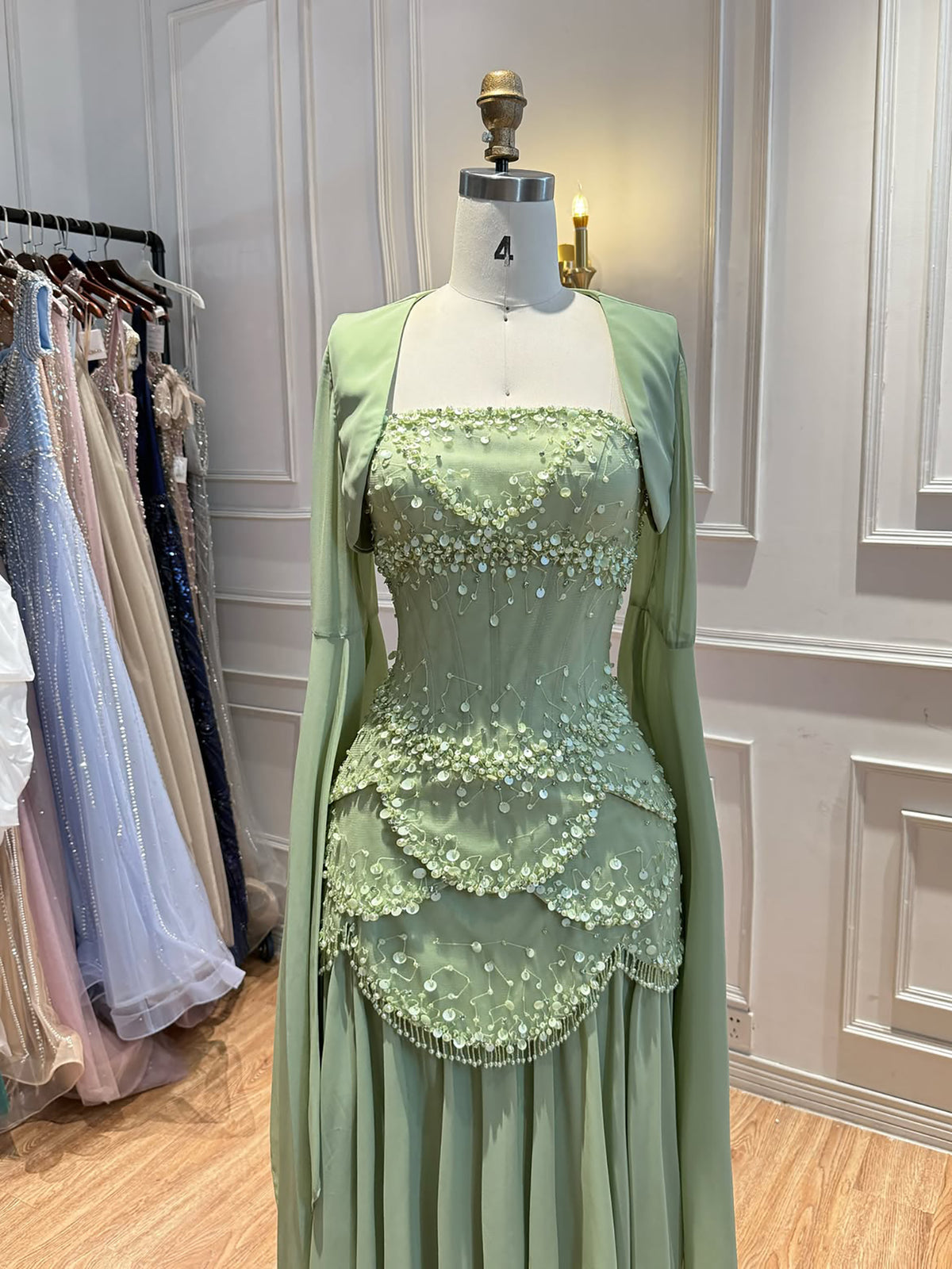 Luxury Pink Beaded A Line Dress with Chiffon Cape Sleeves LA72978B