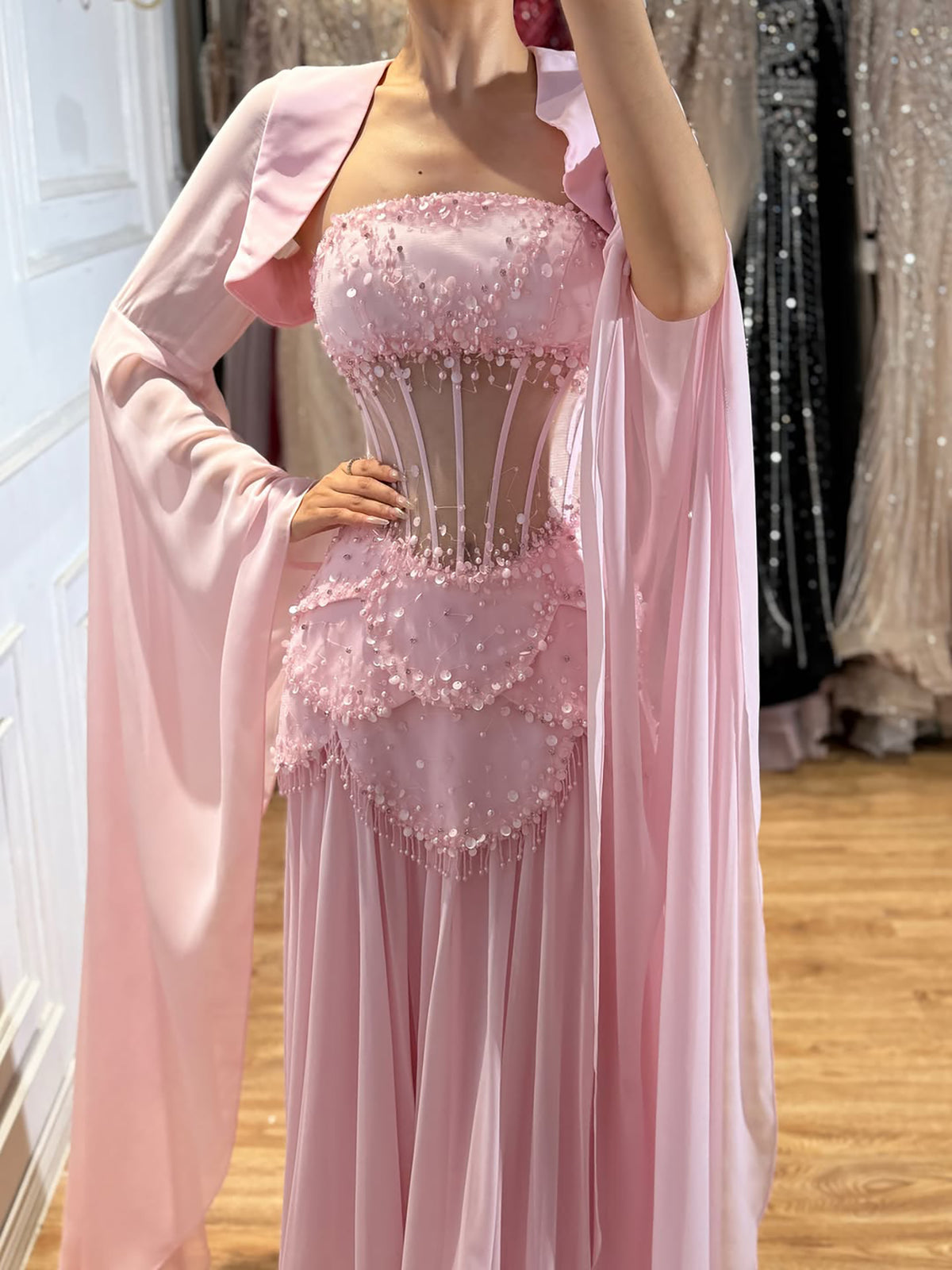 Luxury Pink Beaded A Line Dress with Chiffon Cape Sleeves LA72978B