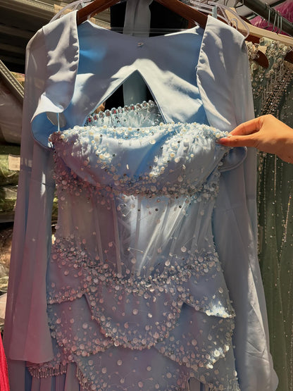 Luxury Pink Beaded A Line Dress with Chiffon Cape Sleeves LA72978B