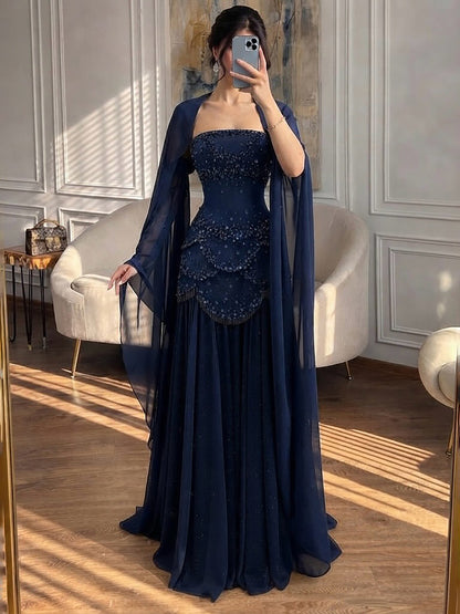 Luxury Pink Beaded A Line Dress with Chiffon Cape Sleeves LA72978B