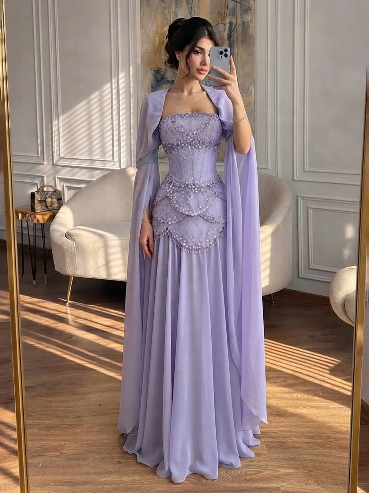 Luxury Pink Beaded A Line Dress with Chiffon Cape Sleeves LA72978B