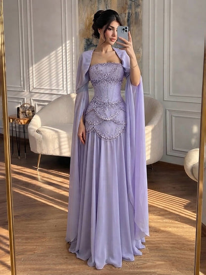 Luxury Pink Beaded A Line Dress with Chiffon Cape Sleeves LA72978B