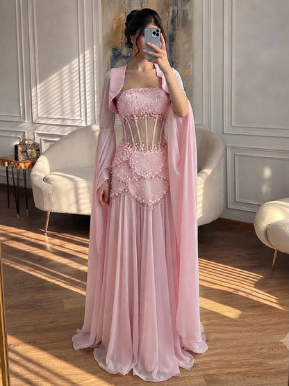 Luxury Pink Beaded A Line Dress with Chiffon Cape Sleeves LA72978B