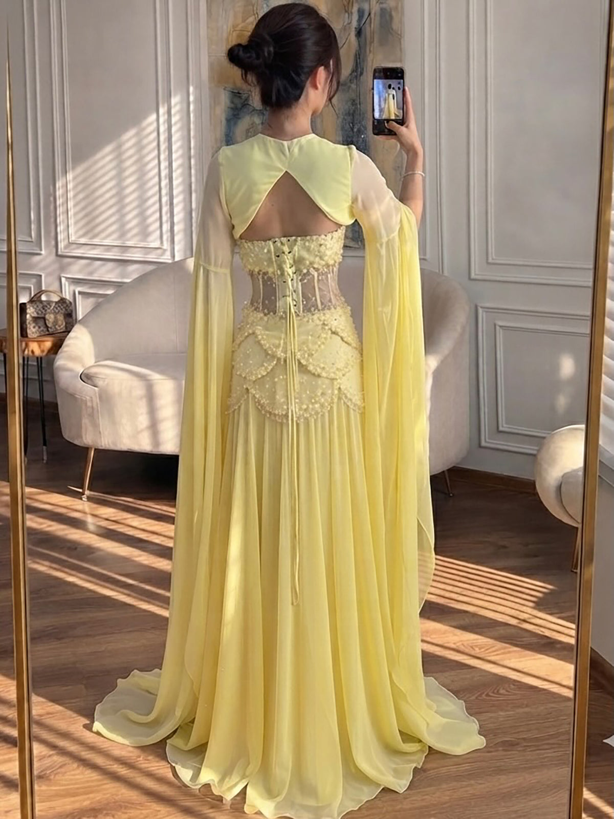 Luxury Pink Beaded A Line Dress with Chiffon Cape Sleeves LA72978B