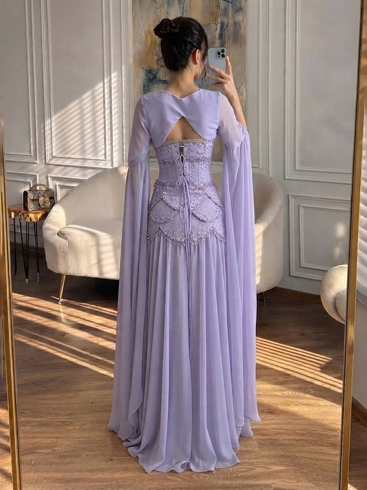 Luxury Pink Beaded A Line Dress with Chiffon Cape Sleeves LA72978B