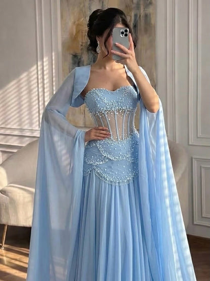 Luxury Pink Beaded A Line Dress with Chiffon Cape Sleeves LA72978B