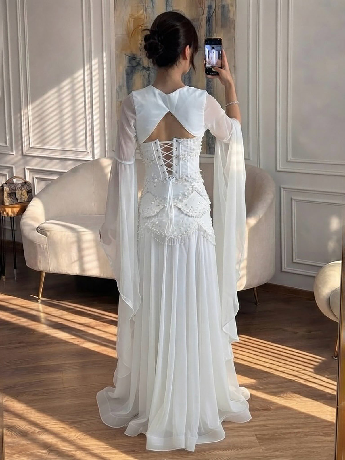 Luxury Pink Beaded A Line Dress with Chiffon Cape Sleeves LA72978B