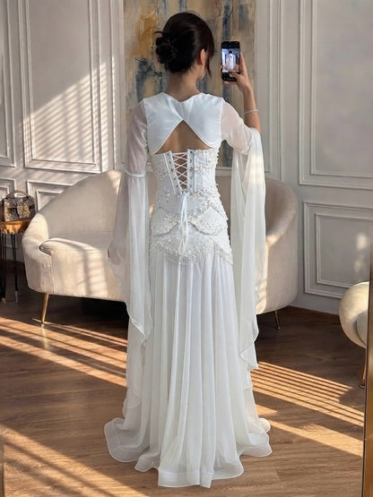 Luxury Pink Beaded A Line Dress with Chiffon Cape Sleeves LA72978B