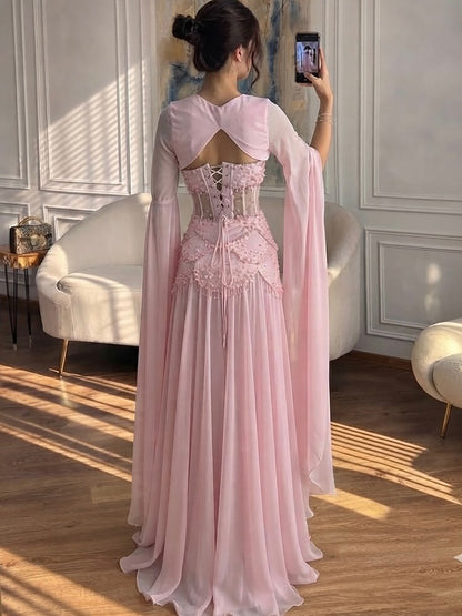 Luxury Pink Beaded A Line Dress with Chiffon Cape Sleeves LA72978B