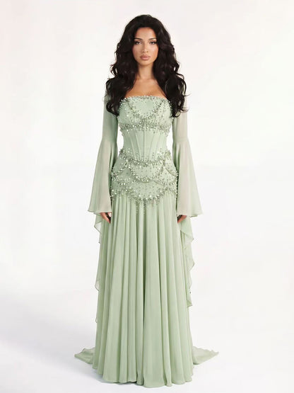 Luxury Pink Beaded A Line Dress with Chiffon Cape Sleeves LA72978B