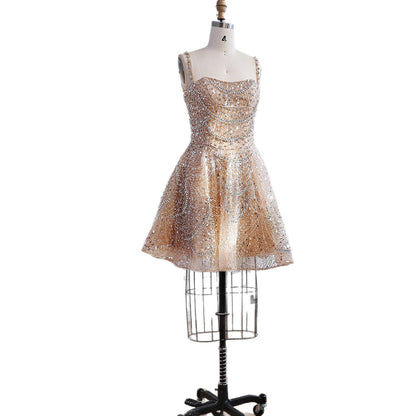 Luxury Nude Crystal Beaded A-Line Short Cocktail Party Dress LA72983