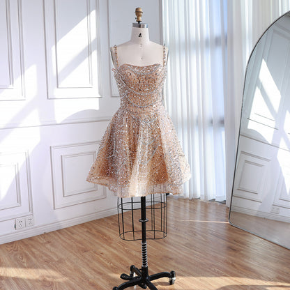 Luxury Nude Crystal Beaded A-Line Short Cocktail Party Dress LA72983
