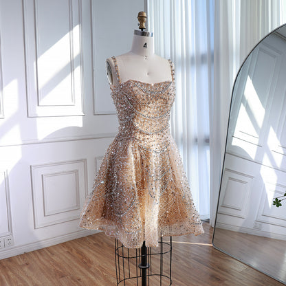 Luxury Nude Crystal Beaded A-Line Short Cocktail Party Dress LA72983