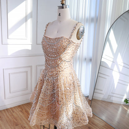 Luxury Nude Crystal Beaded A-Line Short Cocktail Party Dress LA72983