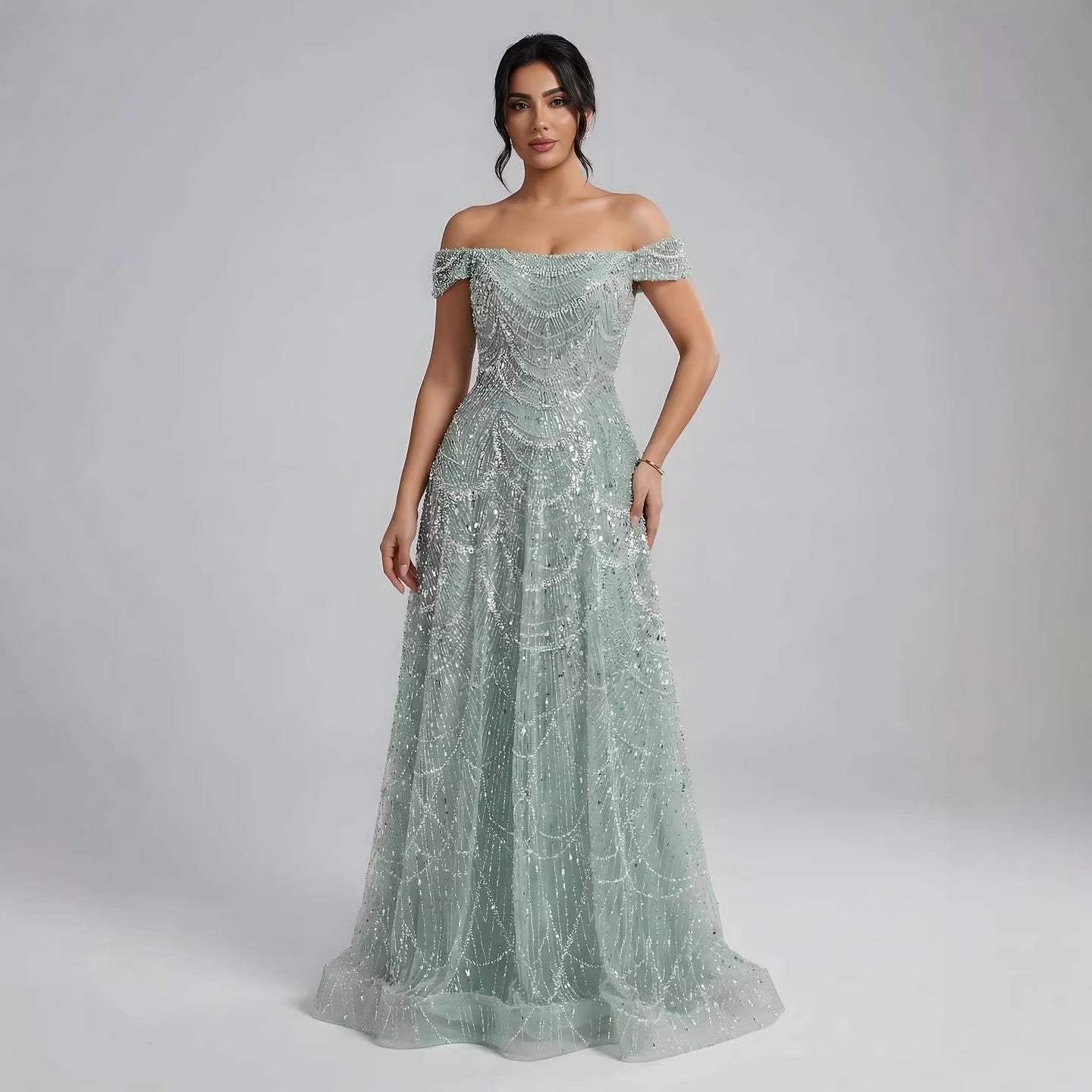 Luxury Nude Off Shoulder Beaded A-Line Evening Dress LA72983C