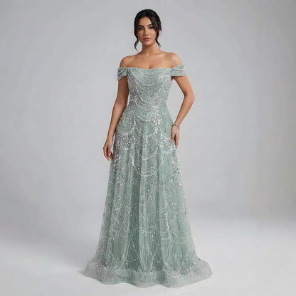 Luxury Nude Off Shoulder Beaded A-Line Evening Dress LA72983C