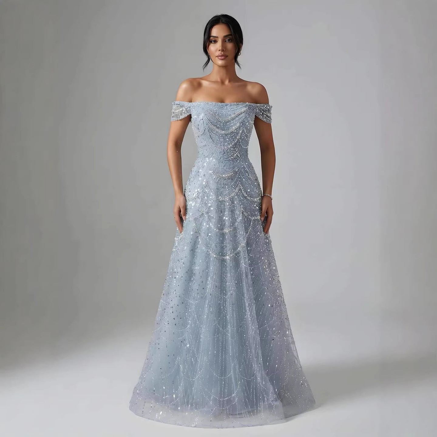 Luxury Nude Off Shoulder Beaded A-Line Evening Dress LA72983C