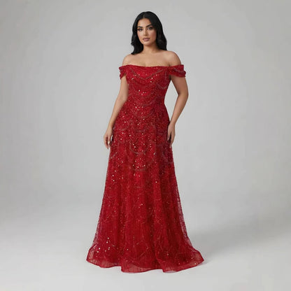 Luxury Nude Off Shoulder Beaded A-Line Evening Dress LA72983C