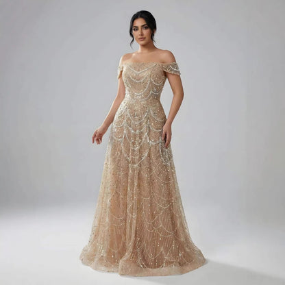 Luxury Nude Off Shoulder Beaded A-Line Evening Dress LA72983C