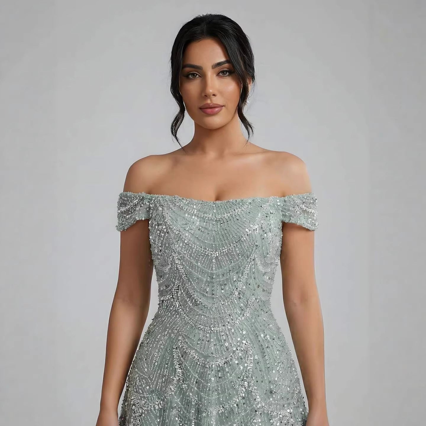 Luxury Nude Off Shoulder Beaded A-Line Evening Dress LA72983C