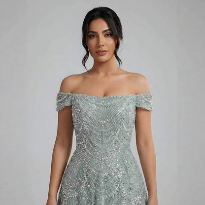 Luxury Nude Off Shoulder Beaded A-Line Evening Dress LA72983C