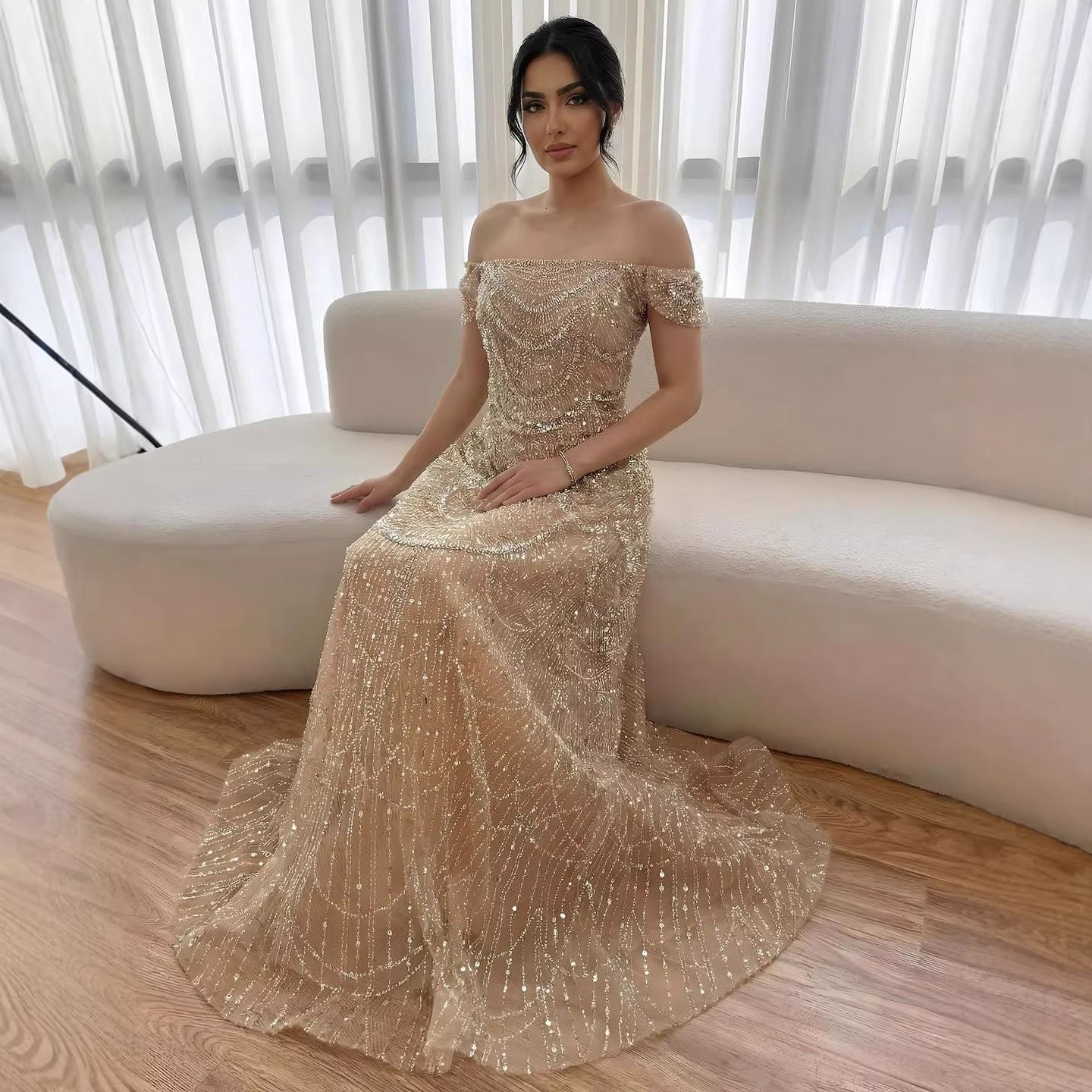 Luxury Nude Off Shoulder Beaded A-Line Evening Dress LA72983C