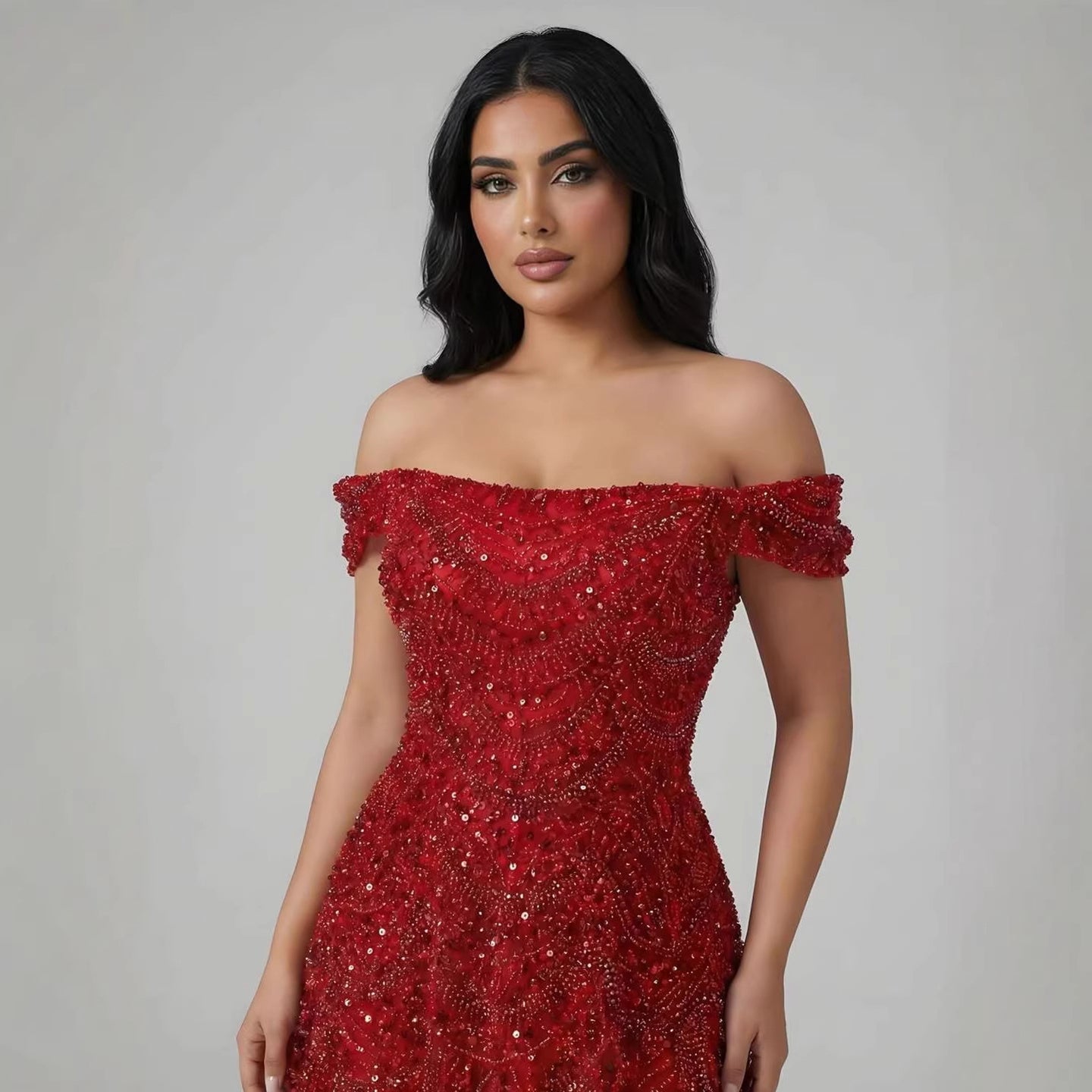 Luxury Nude Off Shoulder Beaded A-Line Evening Dress LA72983C