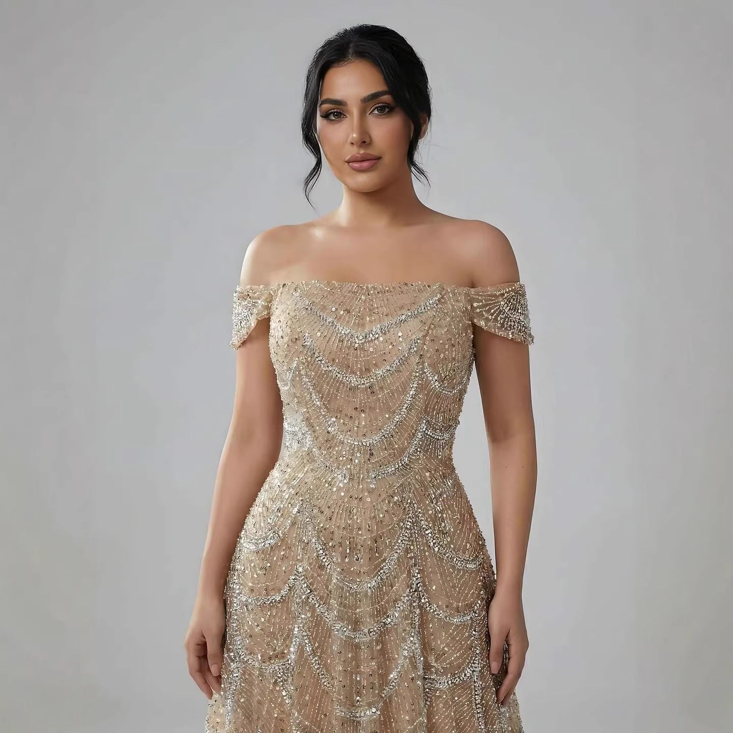 Luxury Nude Off Shoulder Beaded A-Line Evening Dress LA72983C