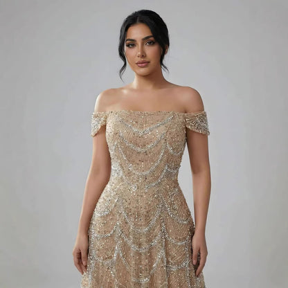 Luxury Nude Off Shoulder Beaded A-Line Evening Dress LA72983C