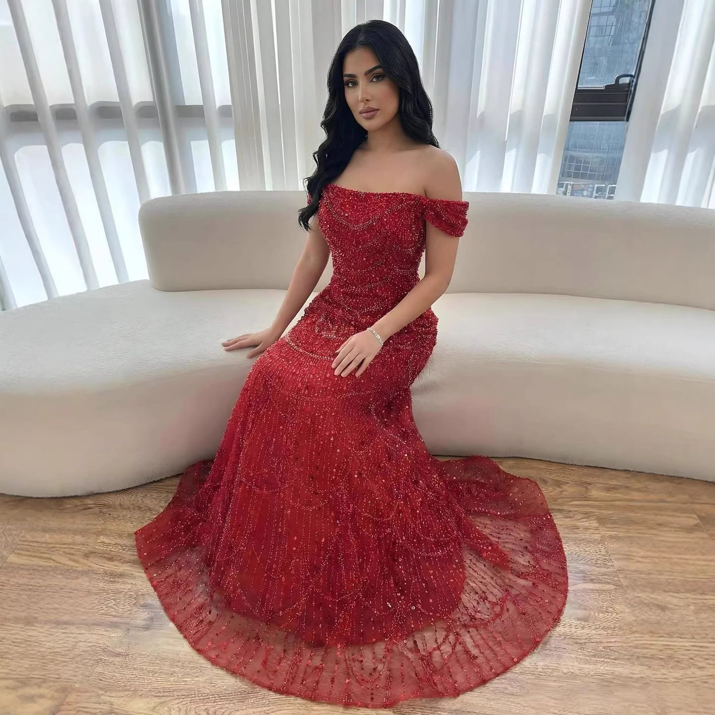 Luxury Nude Off Shoulder Beaded A-Line Evening Dress LA72983C