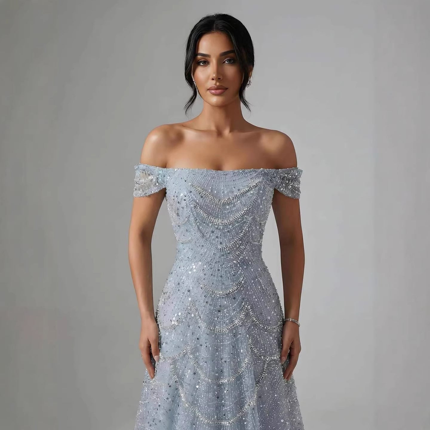 Luxury Nude Off Shoulder Beaded A-Line Evening Dress LA72983C