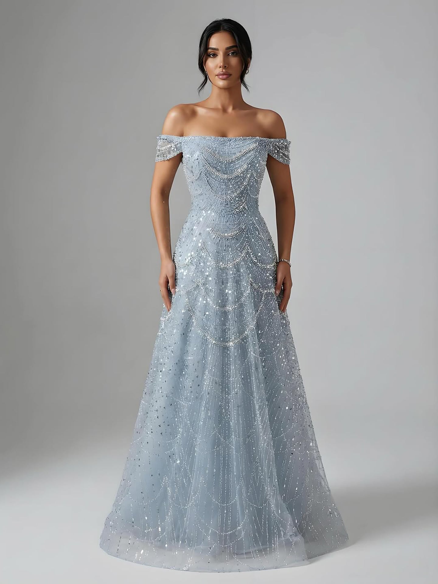 Luxury Nude Off Shoulder Beaded A-Line Evening Dress LA72983C