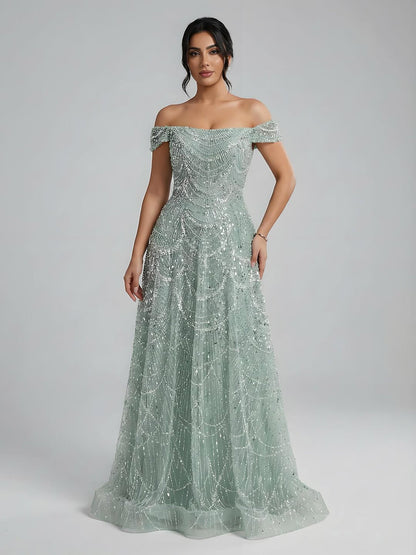 Luxury Nude Off Shoulder Beaded A-Line Evening Dress LA72983C