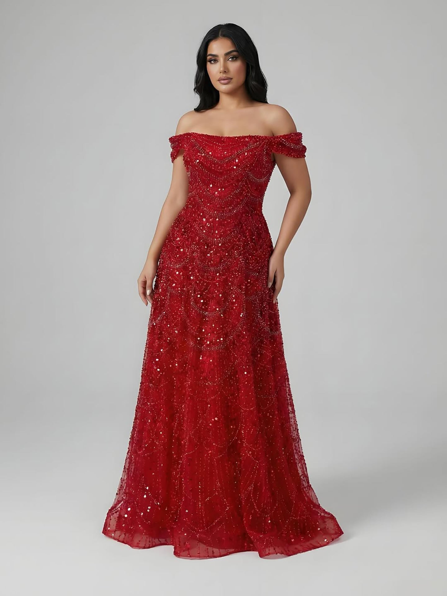 Luxury Nude Off Shoulder Beaded A-Line Evening Dress LA72983C