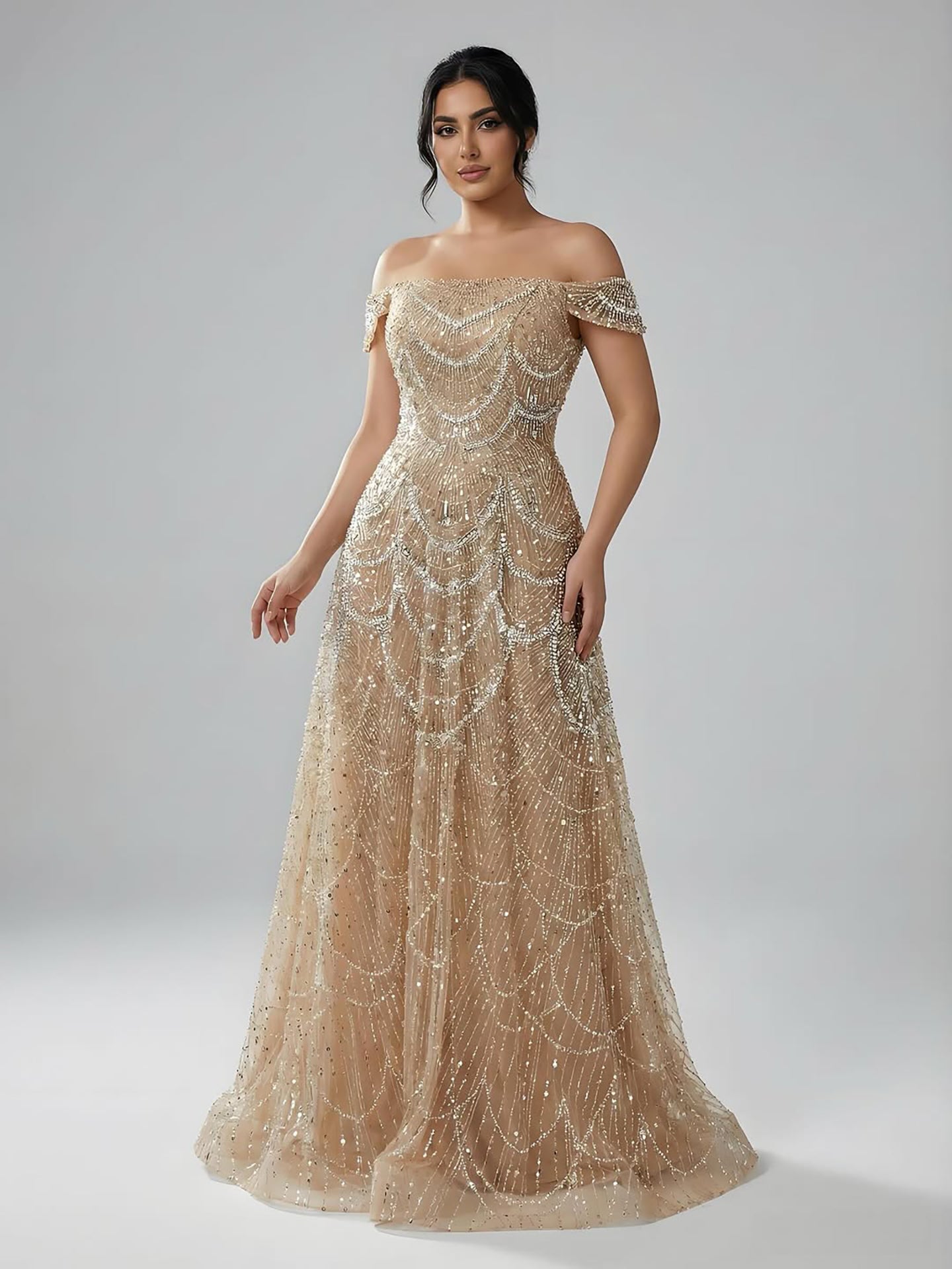 Luxury Nude Off Shoulder Beaded A-Line Evening Dress LA72983C