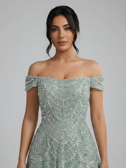 Luxury Nude Off Shoulder Beaded A-Line Evening Dress LA72983C