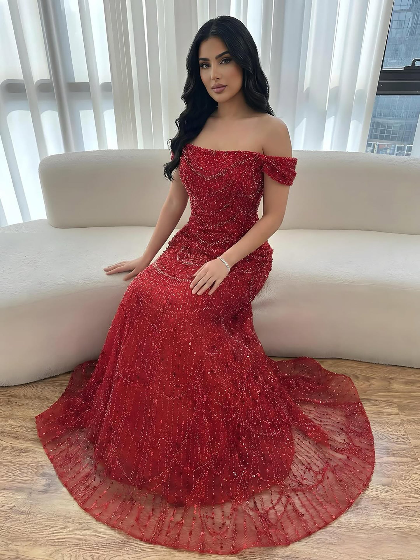 Luxury Nude Off Shoulder Beaded A-Line Evening Dress LA72983C