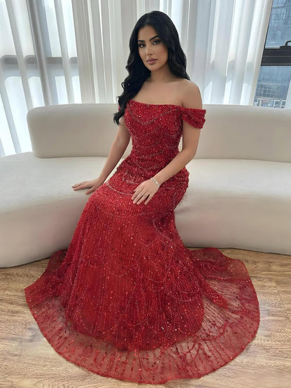 Luxury Nude Off Shoulder Beaded A-Line Evening Dress LA72983C