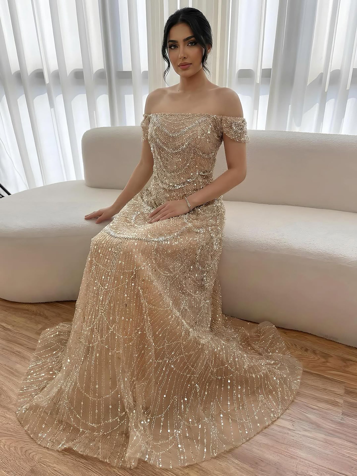 Luxury Nude Off Shoulder Beaded A-Line Evening Dress LA72983C