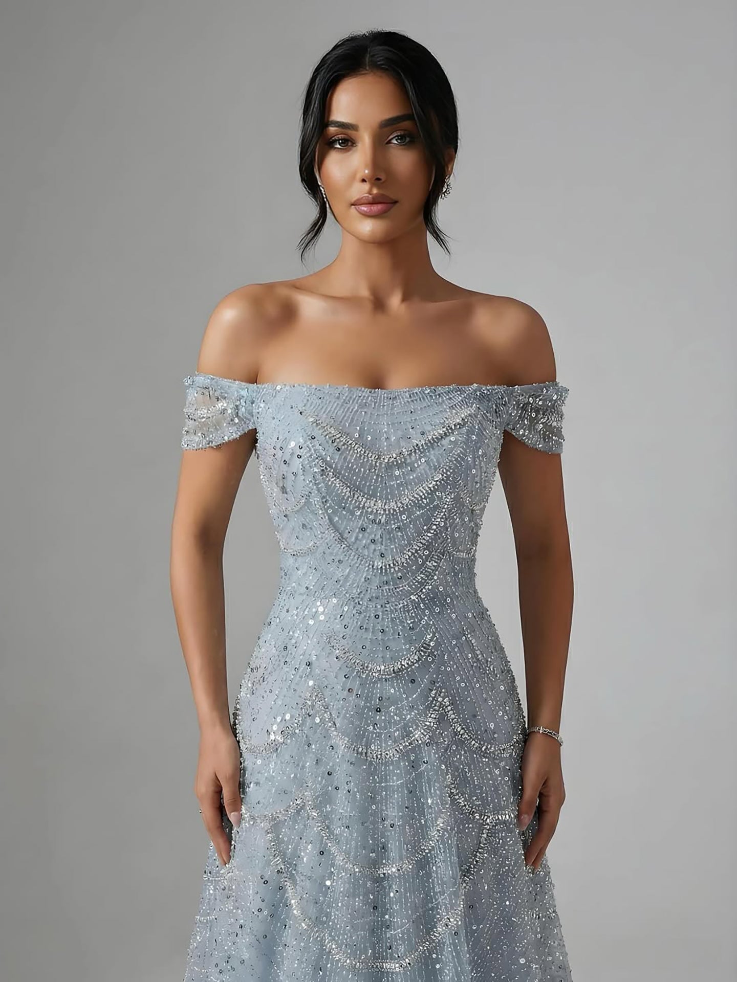 Luxury Nude Off Shoulder Beaded A-Line Evening Dress LA72983C