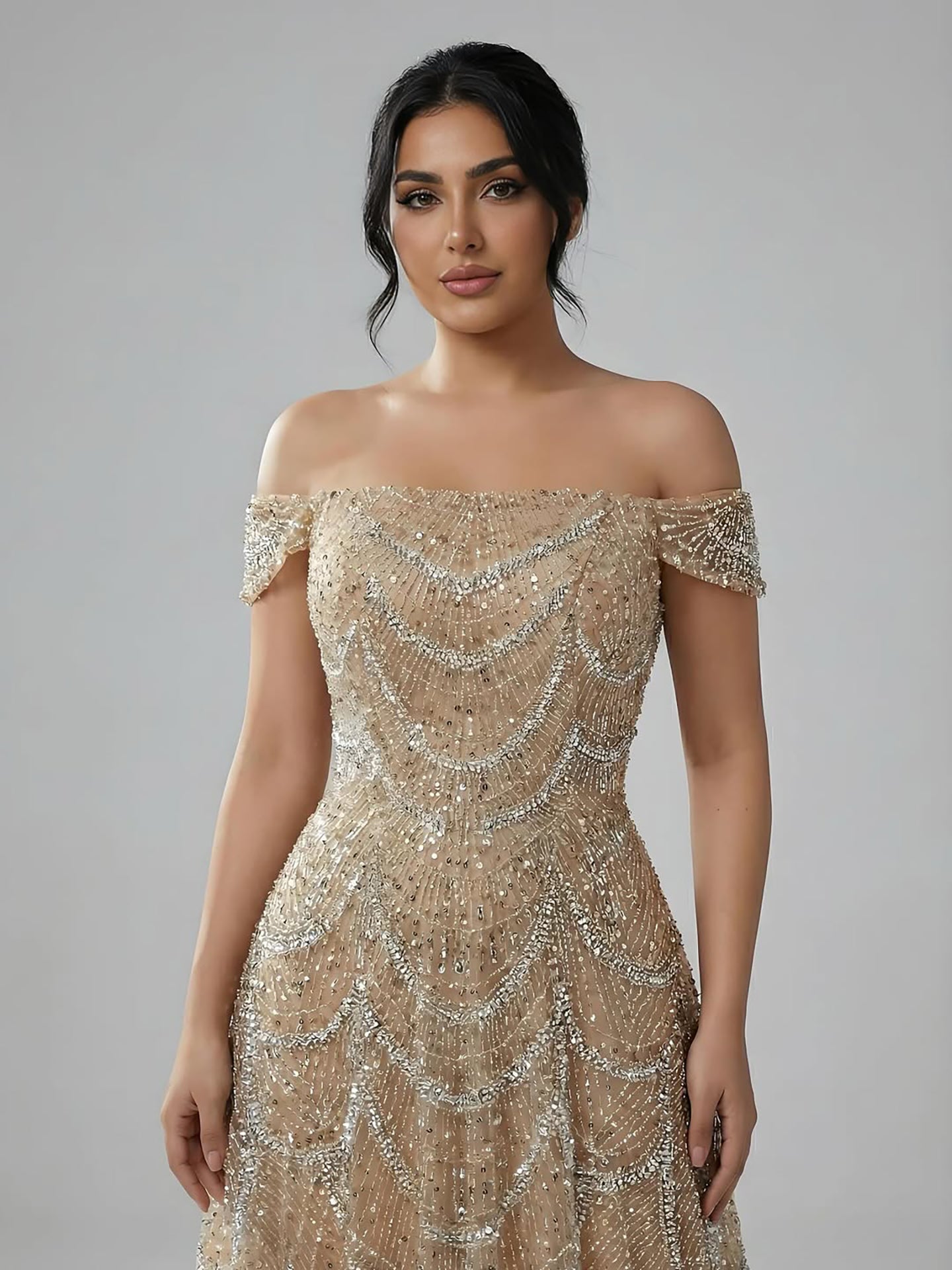 Luxury Nude Off Shoulder Beaded A-Line Evening Dress LA72983C