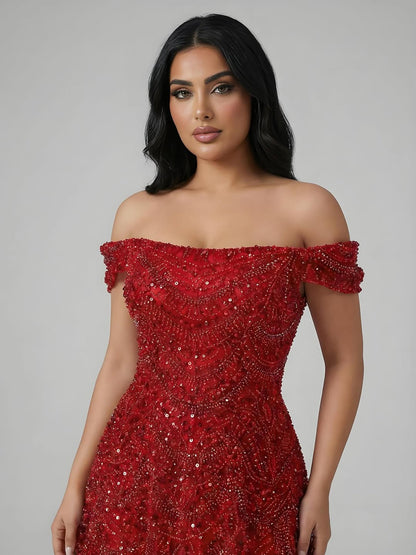 Luxury Nude Off Shoulder Beaded A-Line Evening Dress LA72983C